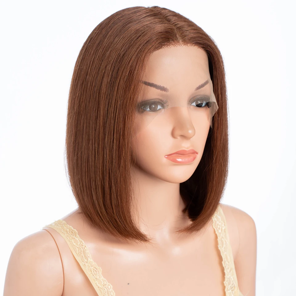 Lekker-Perruque Bob Lace Front Wig 100% Naturelle Remy, Cheveux Courts et Lisses, Brun Chocolat, Coloré, Sans Colle, 12 Pouces, pour Femme