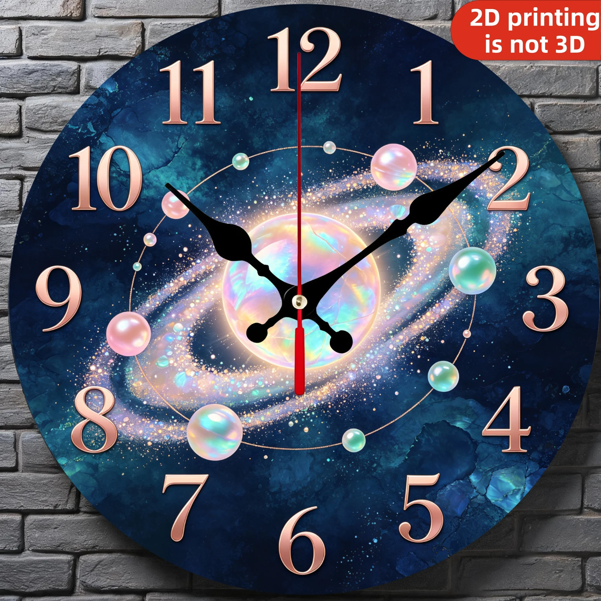 Fantasy Glowing Ring Planet Wooden Wall Clock, 10/12 Inch Round Wood Clock, Silent Non Ticking Quartz Movement, Pearl Orbit Galaxy Nebula Printed Home Decor