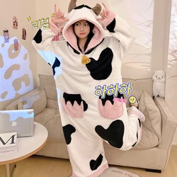 Kigurumis Cow Pajamas Women Onesie Adult Female Winter Sleepwear Zipper Hooded  Jumpsuits Thick Soft Warm Fleece Pijama Mujer