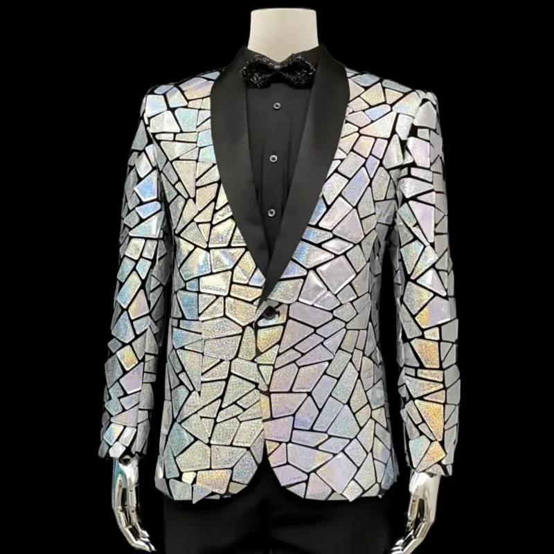 

Men's Groom Wedding Party Suit Jackets Silver Red Laser Mirror Formal Shawl Lapel Slim Blazers Singer Host Stage Tuxedo Costume