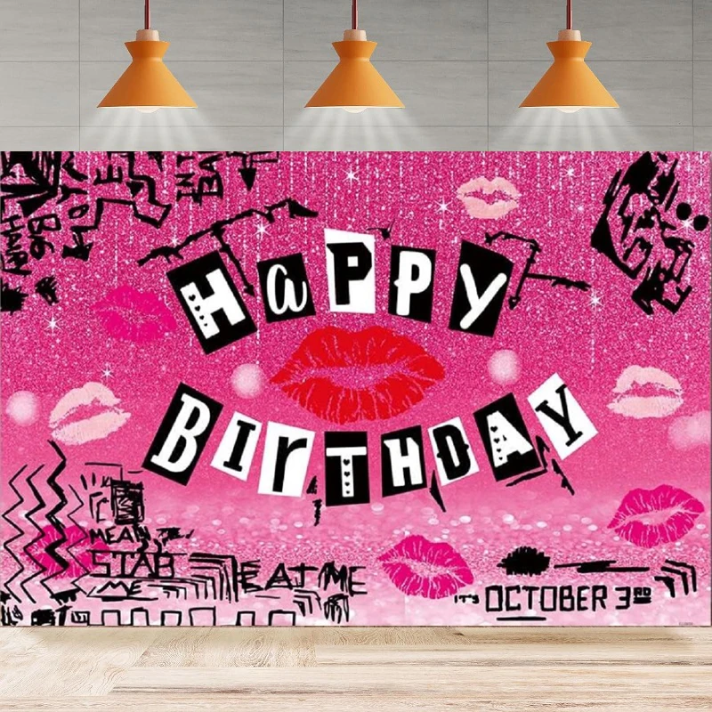 Red Lip Happy Birthday Photography Backdrop Mean Girls Theme Hot Pink Graffiti Teen Girls Background Party Backdrop Wall Banner