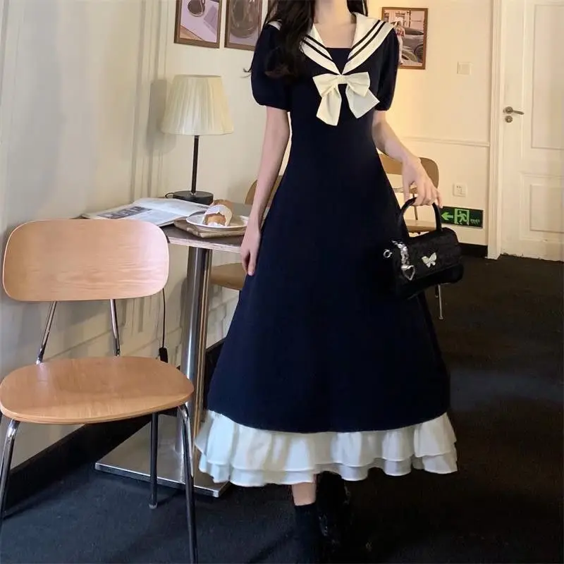 Sweet Sailor Collar Lolita Dress - Summer Plus Size Slimming Long School Style Outfit