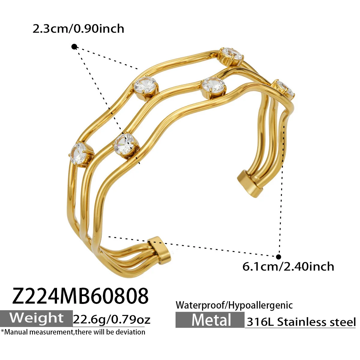 Wellenlinien-Armband für Damen, Edelstahl-Armreif, 18K vergoldeter offener Armreif, farbige Zirkon-Armbänder – Detail 6