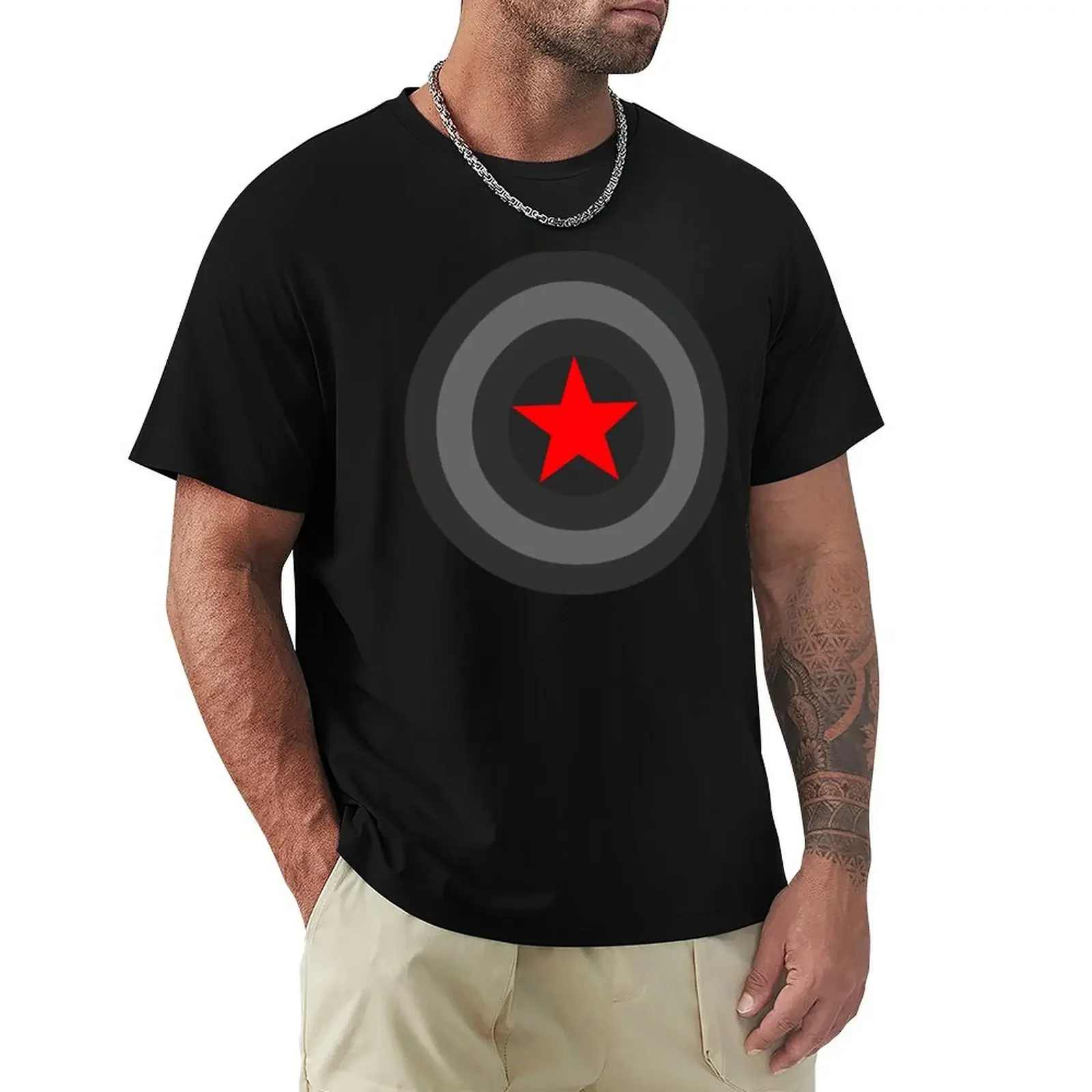 Black and White Shield With Red Star T-Shirt aesthetic clothes graphic shirts blacks anime clothes mens t shirt