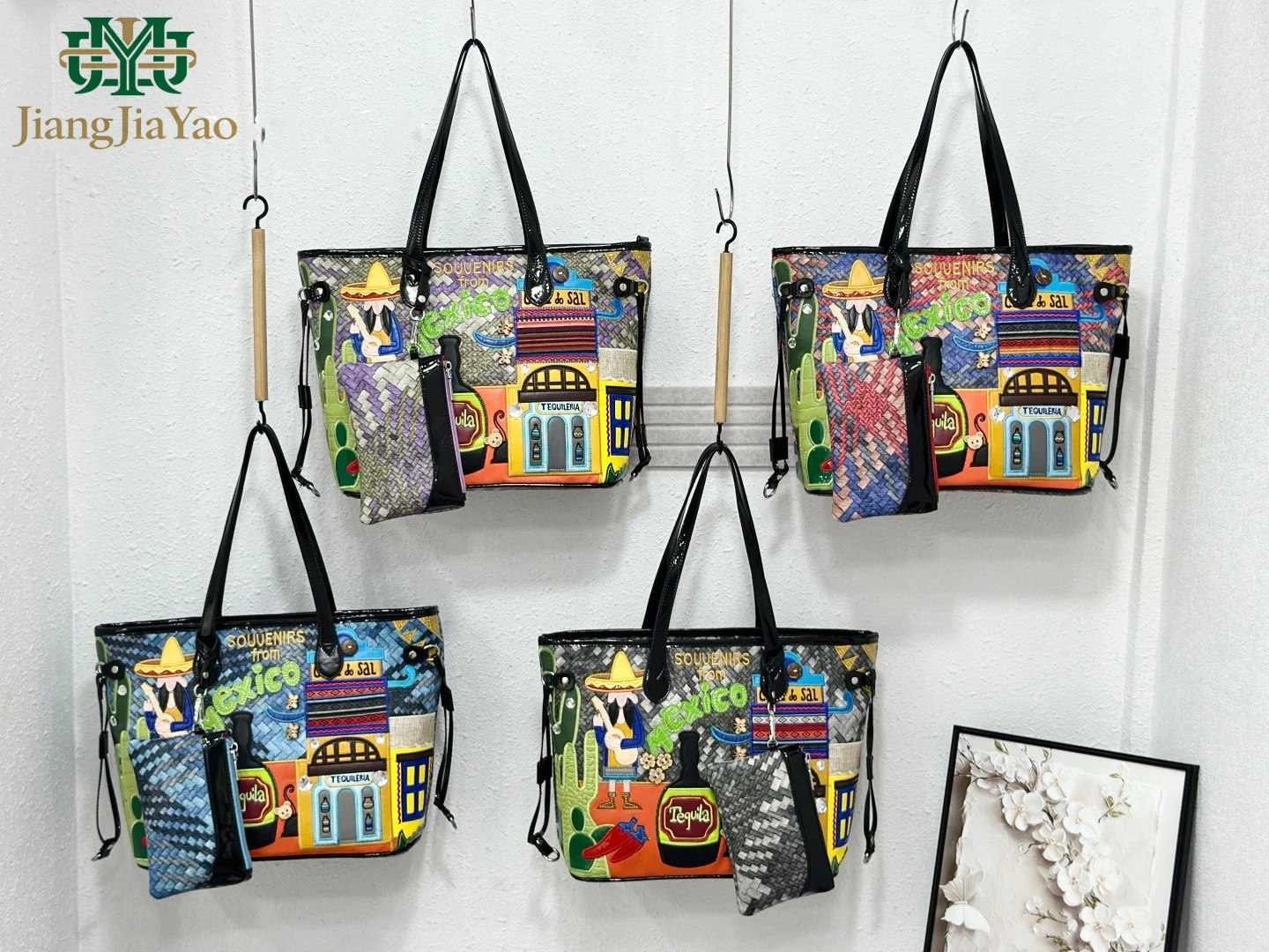 Niche Creative Splicing Embroidered Shoulder Bag Mexican Theme Elements Embroidered Handbag Large Capacity Woven Square Tote Bag
