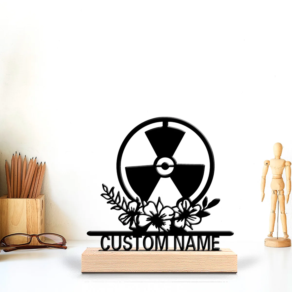 1pc nuclear radiation Customizable Text Metal Statue Iron Ornament Art Figurine With Wood Base Metal Ornament For Youth Gifts