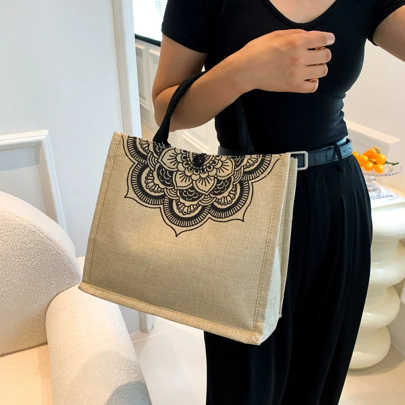 Vintage Linen Handbags For Women Fashion Tote Beach Bags Eco-Friendly Shopping Satchel Large Capacity Shoulder Commuter Bags