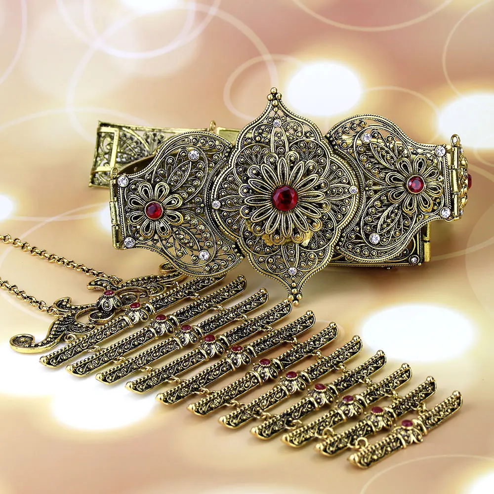 Sunspicems القوقاز حزام الصدر مجموعات ل فستان زفاف للنساء عباية مجوهرات ريترو الذهب اللون الأحمر الأخضر حجر الوردي اللؤلؤ جديد #5