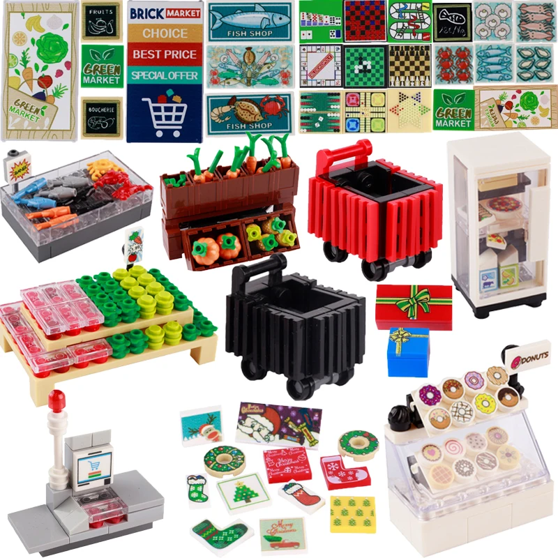 Building Blocks Figures Gifts Toys Farm Supermarket Seafood Shopping Cart Cashier Vegetables Printing Bricks MOC Refrigerator