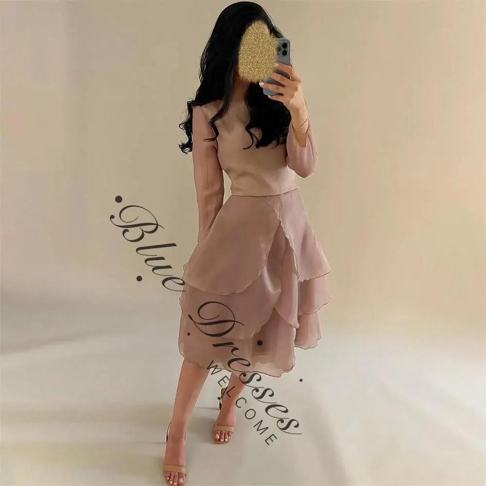 customized Pleat O Neck Full Sleeve A Line Evening Dress Knee Length Elegant Vintage Long Simple Style Formal Woman Prom Gown