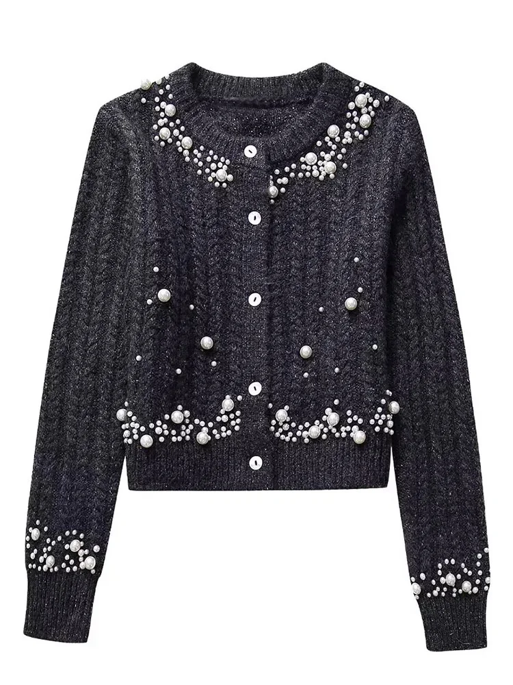 HH TRAF Female Fashion Cropped Cardigan Faux Pearl Decoration Women Spring Vintage O-neck Knitted Sweater Elegant Outerwear