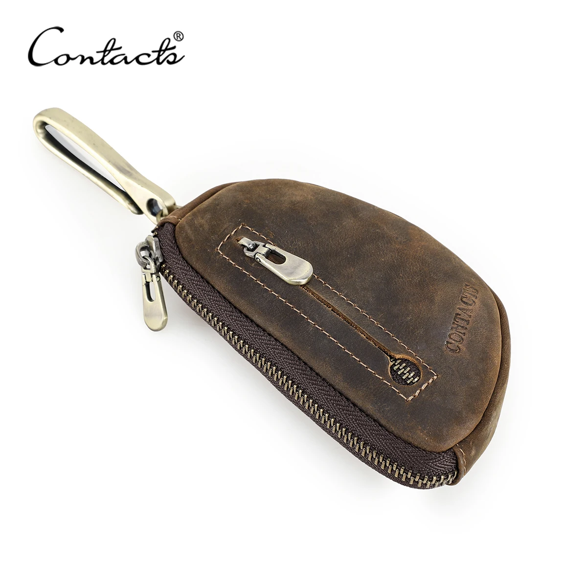 CONTACT'S Genuine Leather Key Wallets for Men Vintage AirTag Slot Key Chian Keyrings Crazy Horse Leather Key Bag Coin Purses