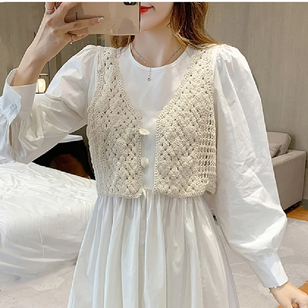 Fashion Sexy Pure Color Sleeveless V-Neck Hollow Ethnic Style Cardigan Women\'s Crochet Camisoles Knitted Tops Short Vest