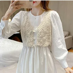 Fashion Sexy Pure Color Sleeveless V-Neck Hollow Ethnic Style Cardigan Women's Crochet Camisoles Knitted Tops Short Vest