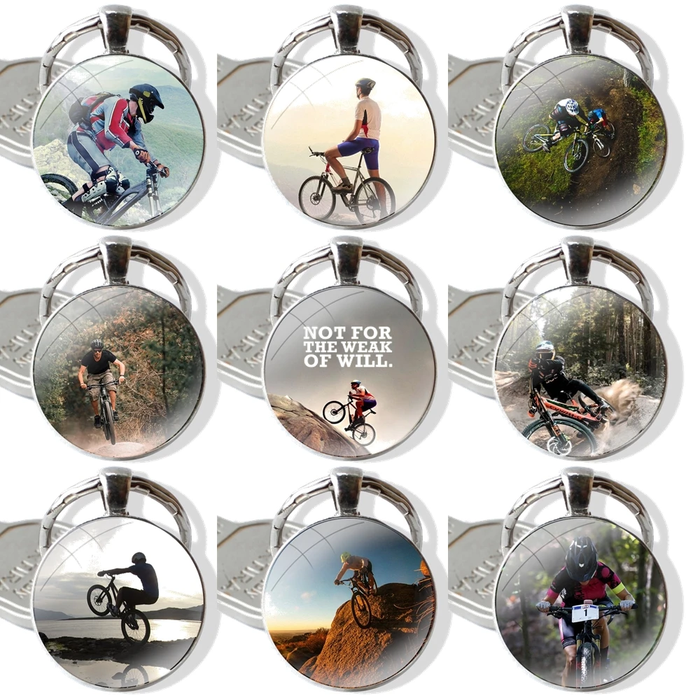 Cycling Bicycles Cross Country Bikes 25mm Glass Cabohcon Keychain Key Rings for Women Men Jewelry Gift