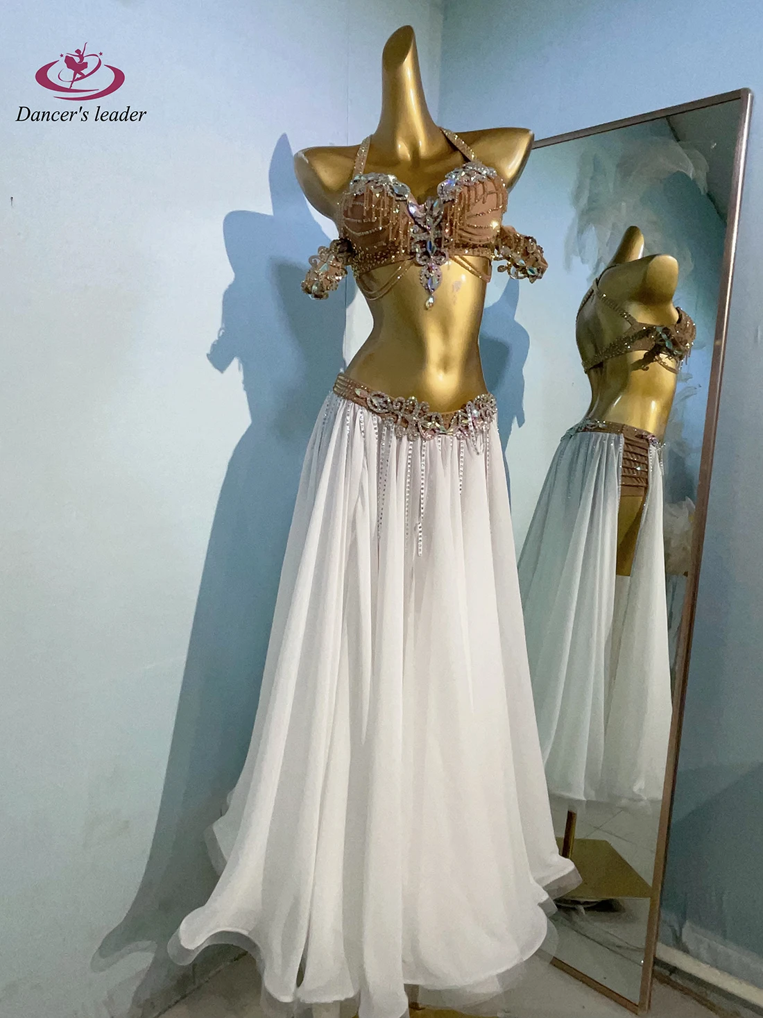 Trajes de danza del vientre, sujetador de borla de cadena de diamantes grande personalizado de alta gama para mujer, falda dividida, vestido de actuación de Tango Samba