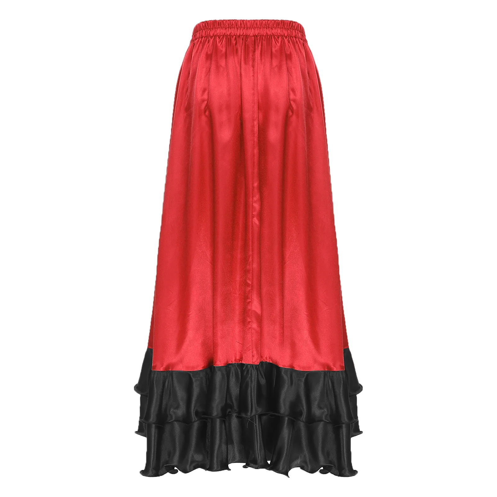 Womens Classical Flamenco Dance Skirt Ruffled Trim Irregular Hem Contrast Color Satin Big Swing Skirt for Spanish Dance Tango