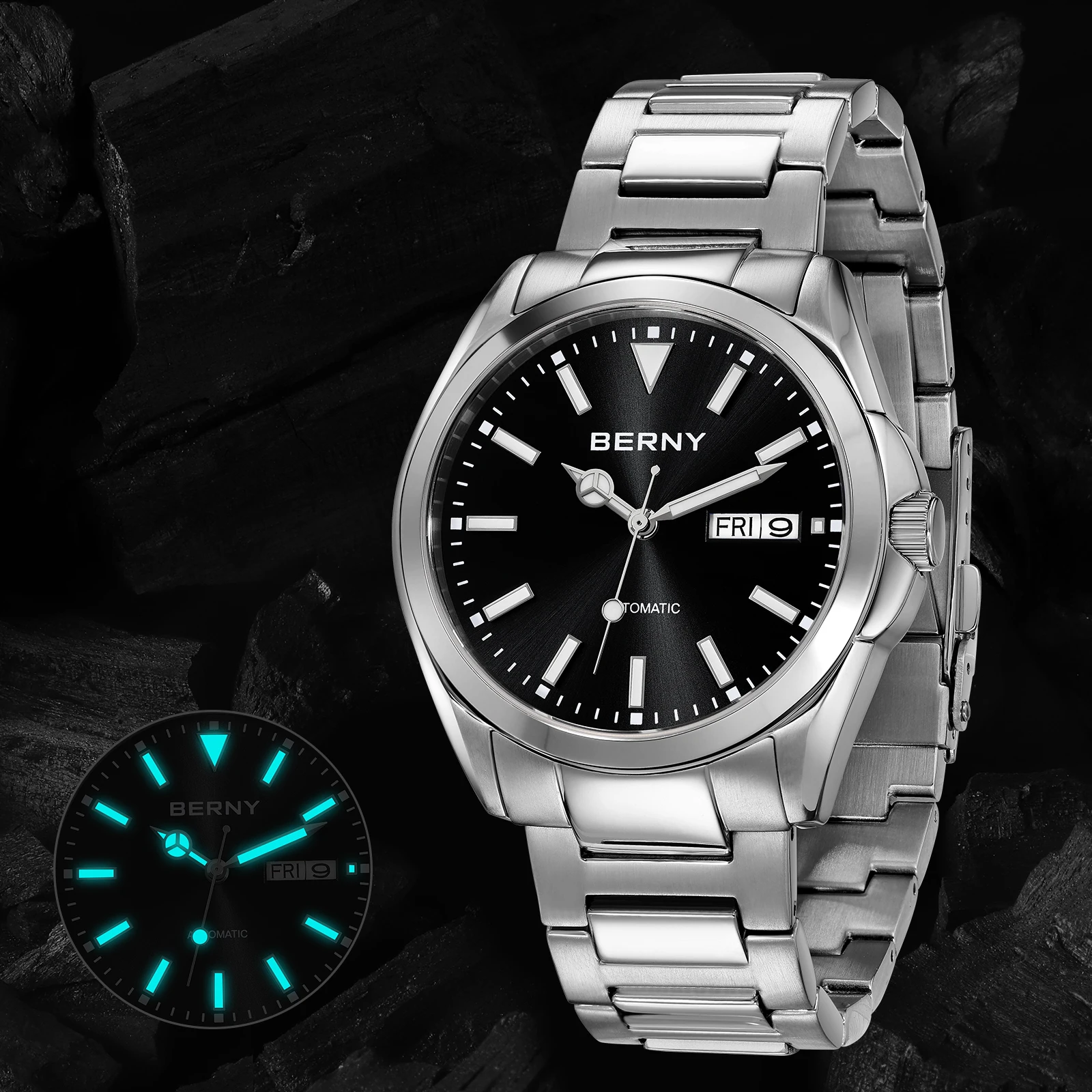 BERNY Automatic Watches for Men Super Luminous Date Week Mechanical Mens Watch Full Stainless Steel Wristwatch NH36 Sapphire