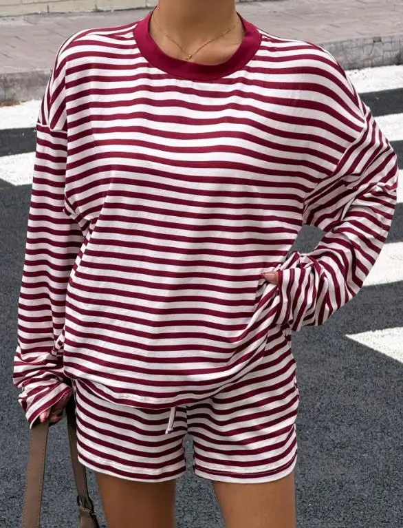 

Two Piece Set Women Outfit 2026 Spring Summer New Round Neck Long Sleeve Loose Fit Striped Top & Casual Daily Shorts Set