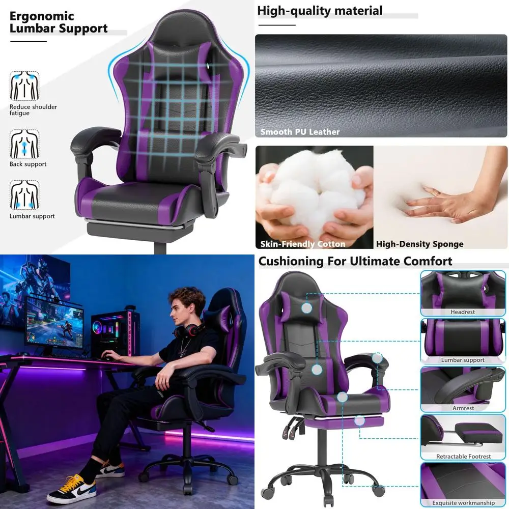 

Purple Ergonomic Racing-Style High-Back Swivel Chair with Headrest and Lumbar Support for Home Office
