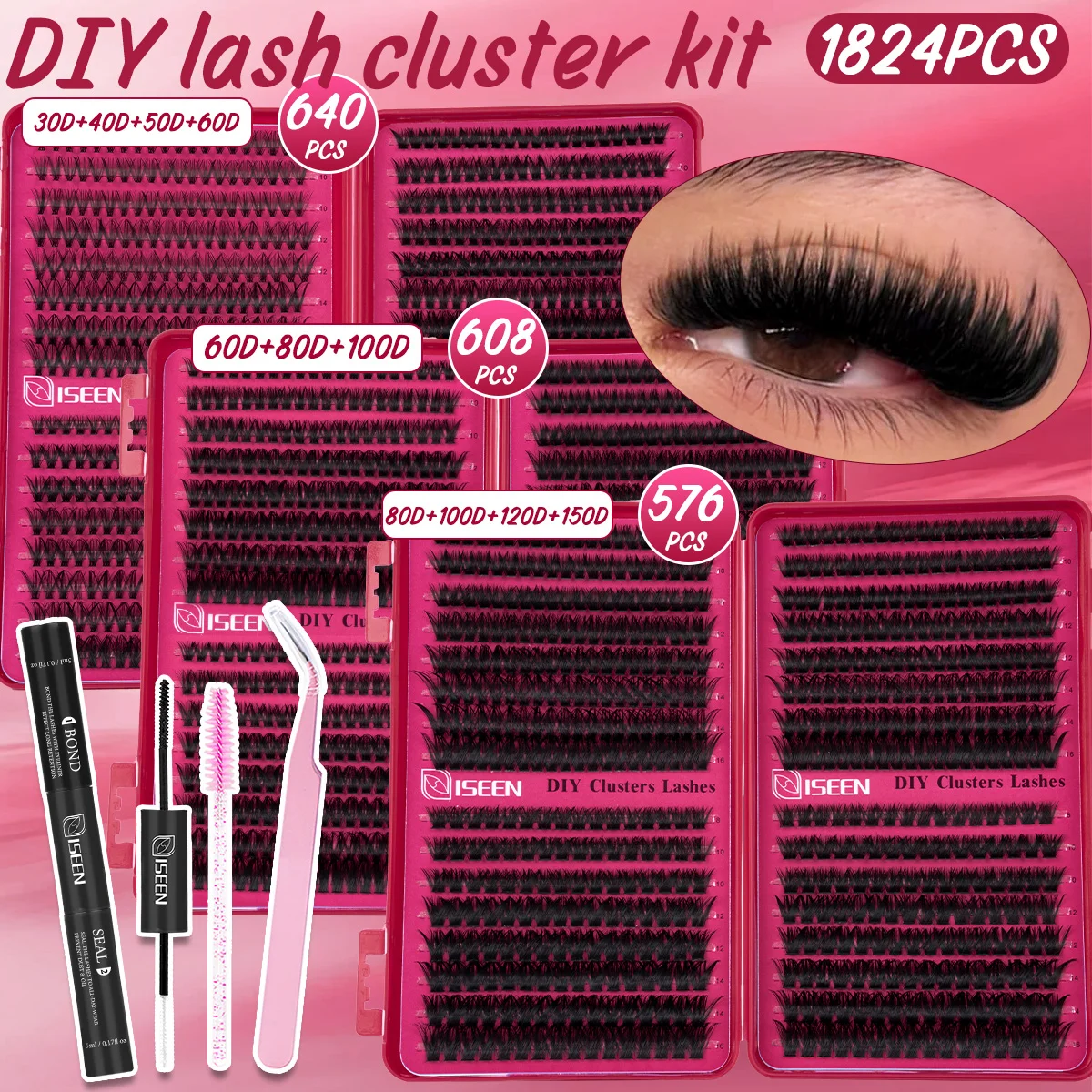 Thick Lash Clusters Kit D Curl Individual Lashes Dramatic Mink Eyelashes with Lash Bond&Seal Halloween Christmas Makeup Tool