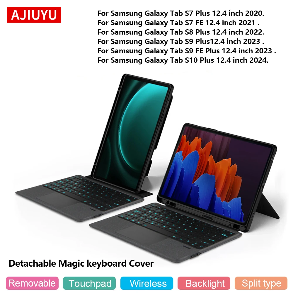 Keyboard Case For Samsung Galaxy Tab S10 Plus S9 FE Plus S7 FE S7+ S8 Plus 12.4 Inch Protective Cover Removable TouchPad Backlit