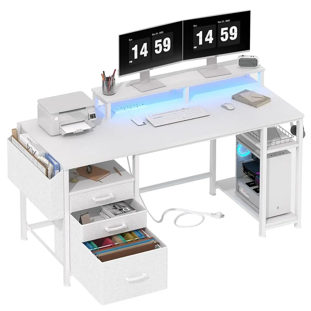 

Белый компьютерный стол с ящиками для файлов, стол для домашнего офиса 55-ч с полками для подставки для монитора, игровые столы для письма и учебы