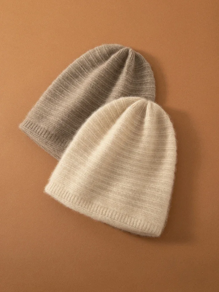 Women Wool Cashmere Ribbed Knitted Beanies Winter Warm Thick Caps Present Hat 2024 Cashmere Warm Big Bonnet Men #009