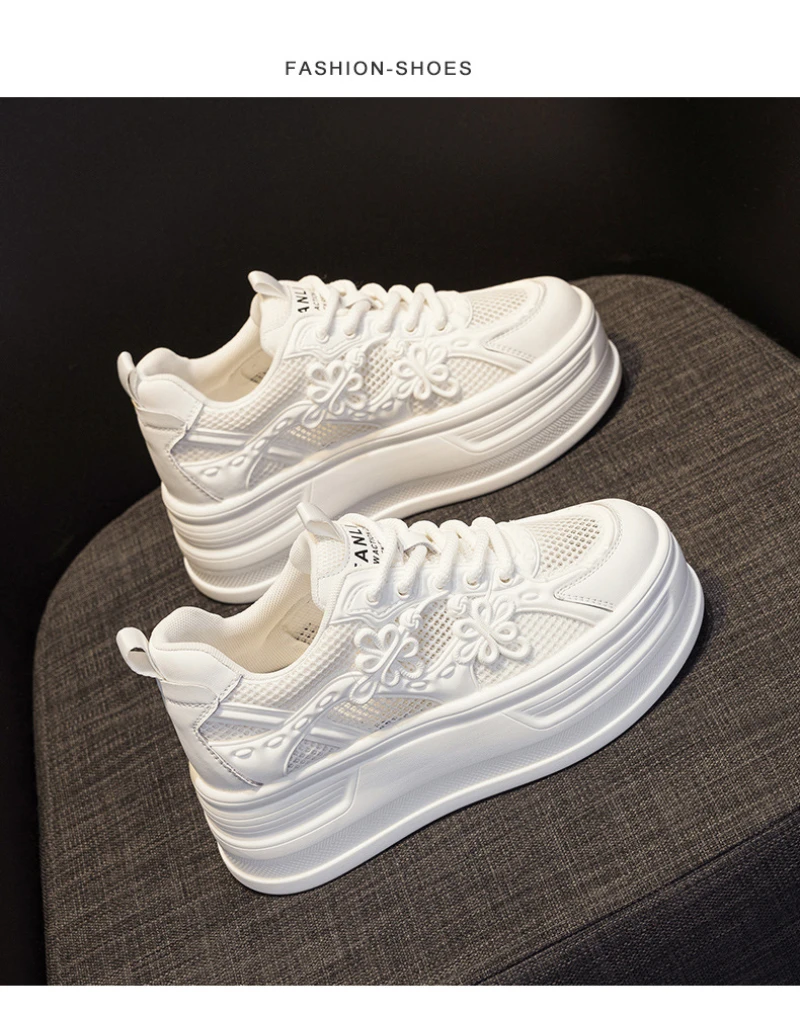 Womens White Mesh Platform Sneakers Breathable Thick Sole Casual Shoes With Flower Embroidery Lightweight Non Slip For Summer Da