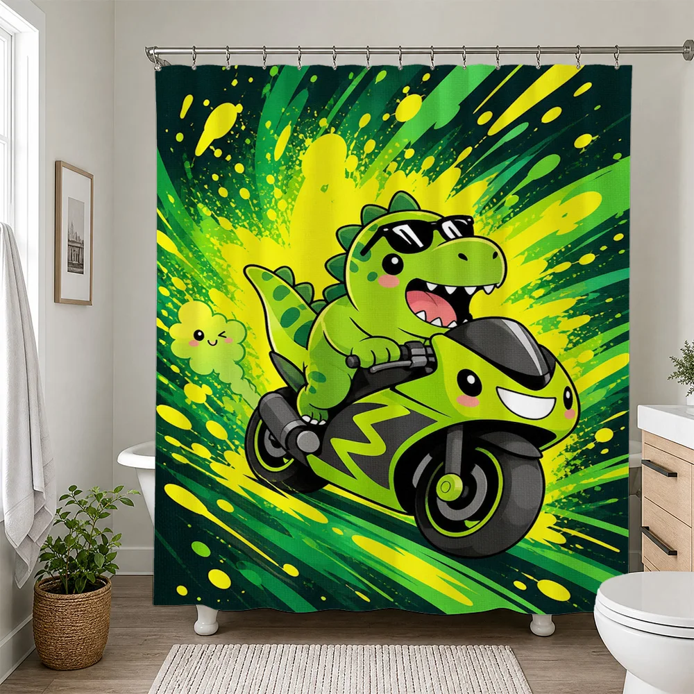 Fun Dinosaur Riding Scooter Shower Curtain Vibrant Green Tropical Jungle Bathroom Decor