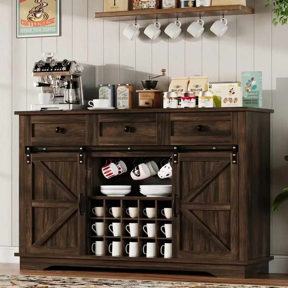 Farmhouse Coffee Bar Cabinet with Storage, 54 Inch Buffet Cabinet with 3 Drawers, Wine Bar Cabinet, Home Bar Furniture