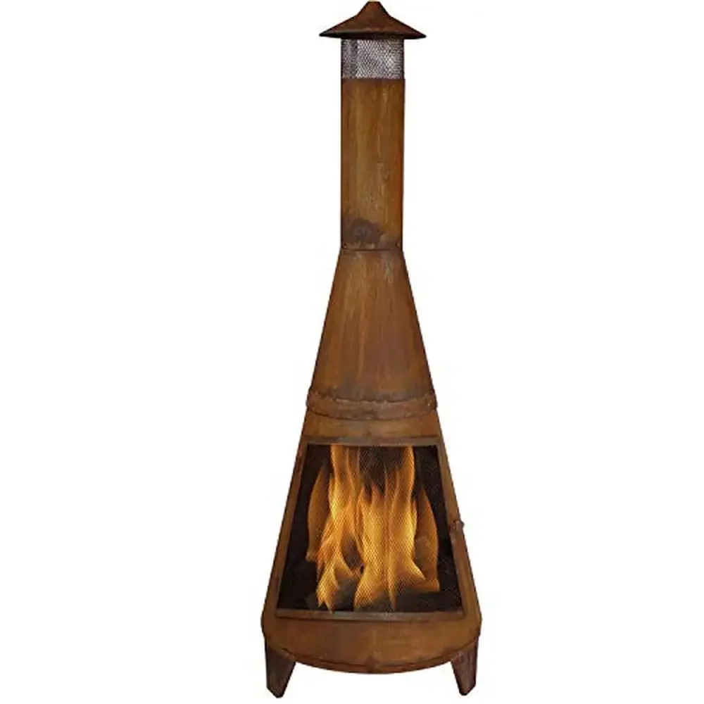 Outdoor 70-Inch Steel Chiminea with Rain Cap & Mesh Spark Screen Wood-Burning Fireplace Rust Patina Finish Easy Assembly