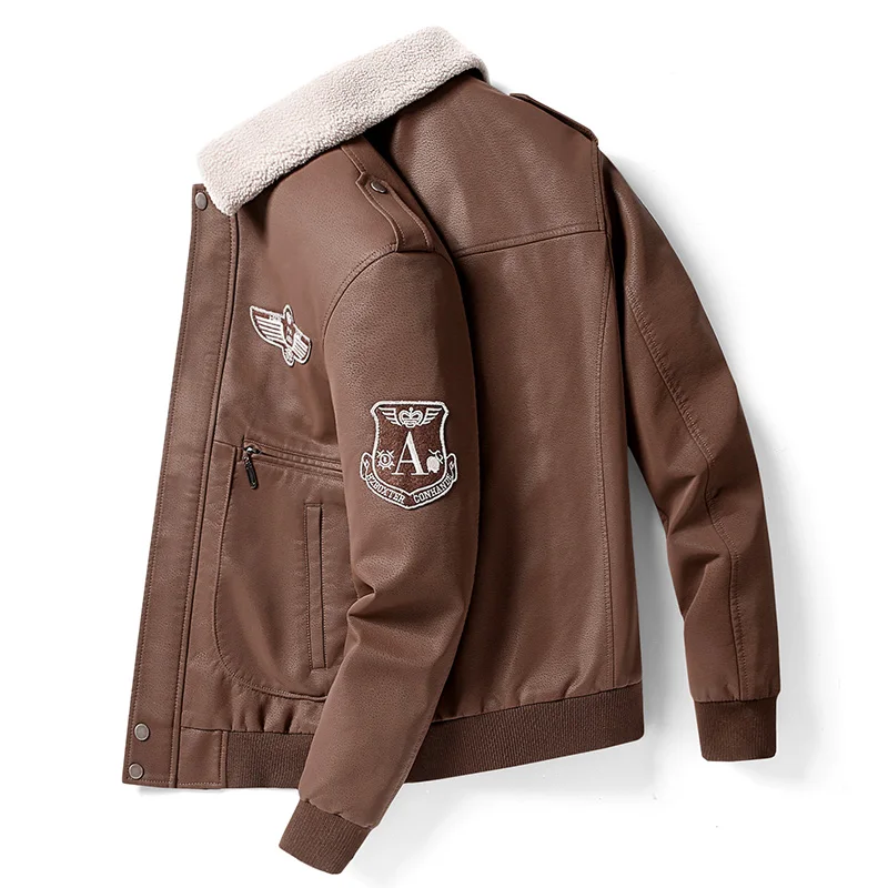 Winter Jacket for Men Motorcycle Leather Jacket Vintage Brown Military Flight Coat Winter Fleece Faux Leather Pigskin Plus Size