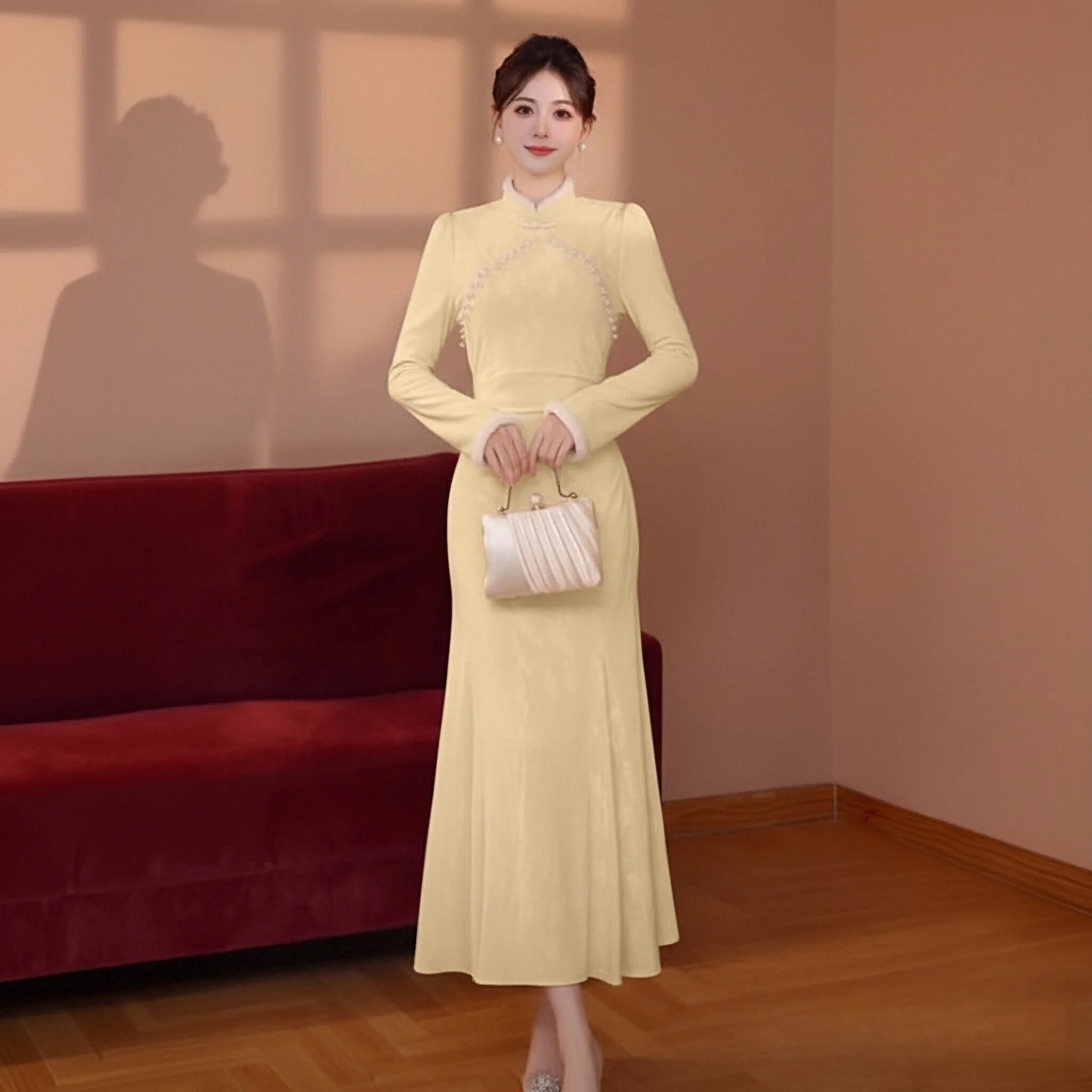 

Новое элегантное платье в китайском стиле 2025 года, весна-осень, с завышенной талией, стройнящее, юбка