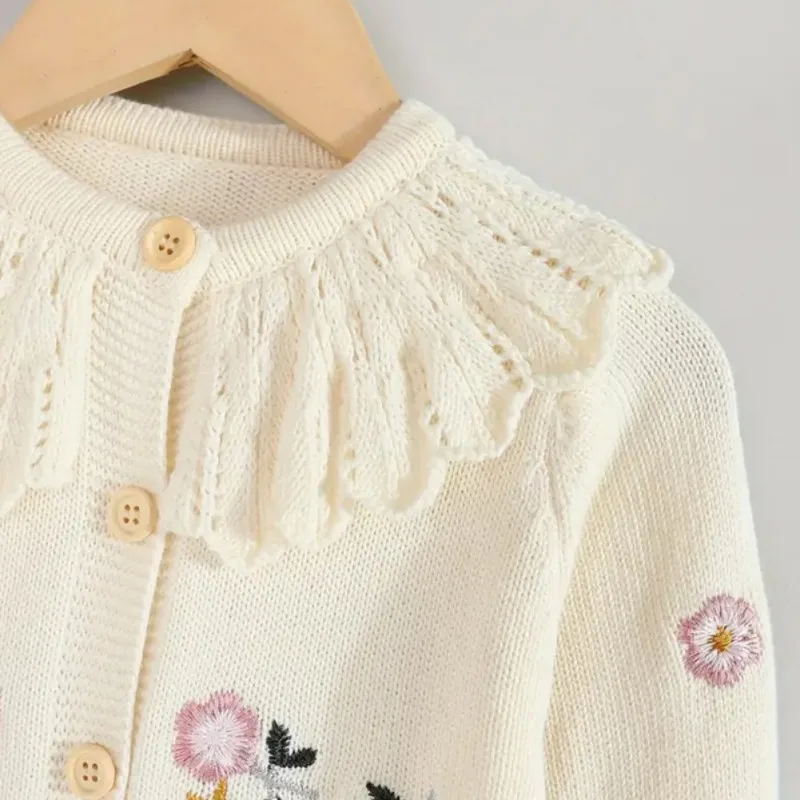 Spring Children Girls Cardigan Flower Embroidery Ruffle Collar Knitted Top Long Sleeve Coat Kids Clothes