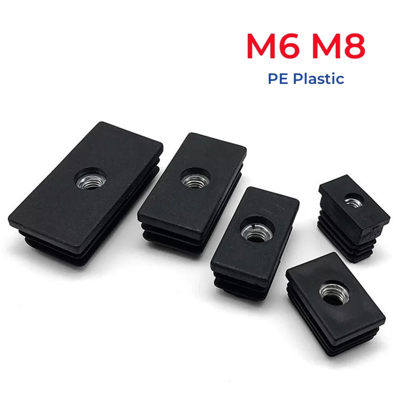 M6 M8 PE Plastic Black White Rectangular Pipe Plugs With Hole Blanking End Inserts Caps Pipe Cover Furniture Leg Feet Tube