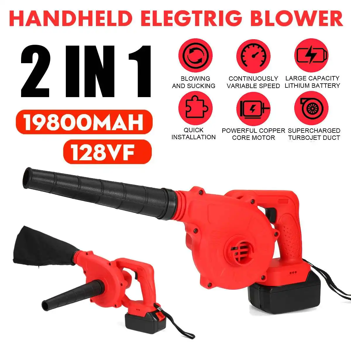 

128VF 19800mAh Portable Handheld Electric Air Blower with Li-ion Battery, Cordless Blower Vacuum Cleaner Blowing and Suction