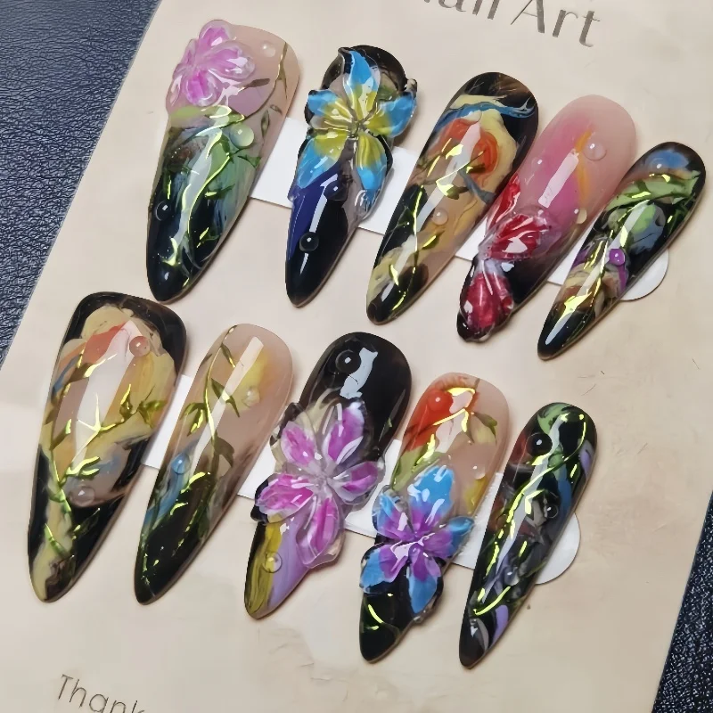 10 stuks handgemaakte manicure medium amandel nepnagels nieuwe schattige 3D beperkte nagels druk op nagels ontwerp met zelfklevende nagelvijlset