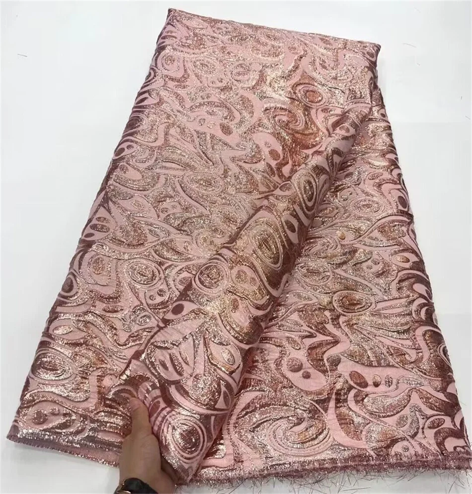 

Peach African Brocade Jacquard Fabric High Quality Nigerian Floral Damask Gilding Lace Material Brocard Tissu 5Yards DJB60