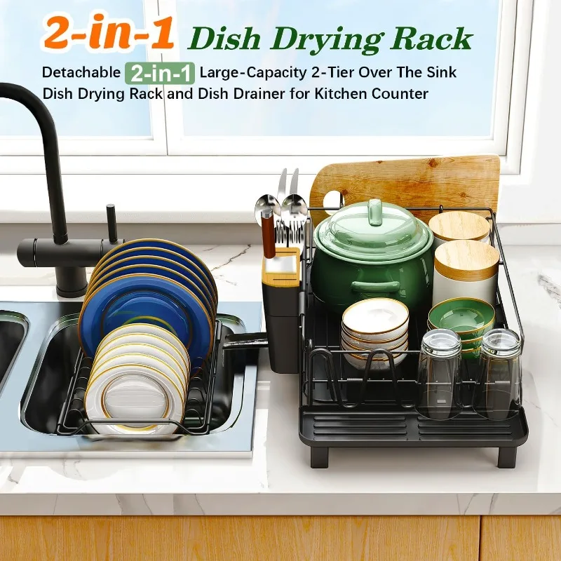 Large Dish Drying Rack with Drainboard Set, Stainless Steel Detachable 2-in-1 Large-Capacity 2-Tier Over The Sink Anti-Rust