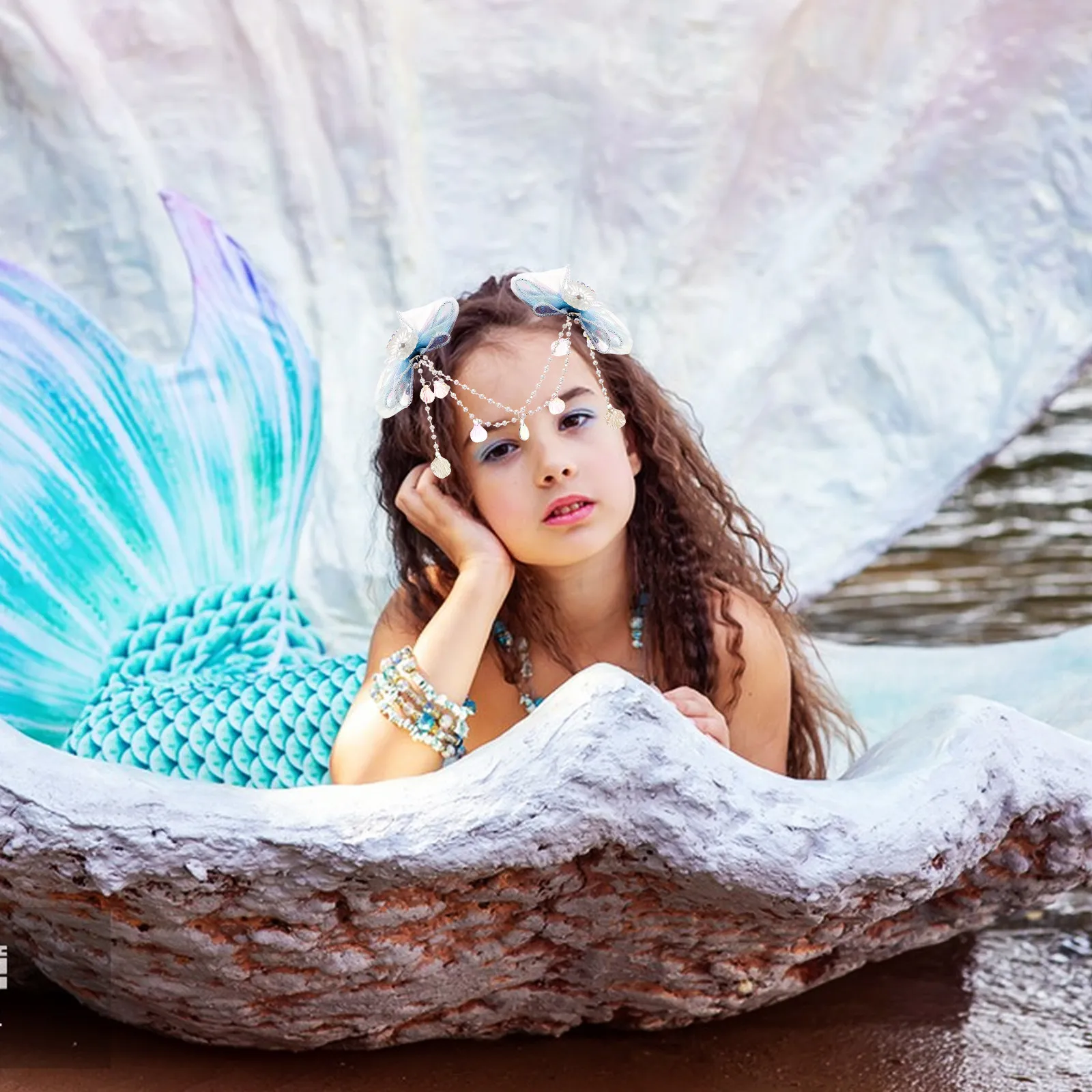 

Набор из 1 шт.: Заколка-цепочка на лоб с искусственным жемчугом, кисточками и бантом в стиле Русалки-Принцессы, аксессуары для волос для девочек на дни рождения и праздники