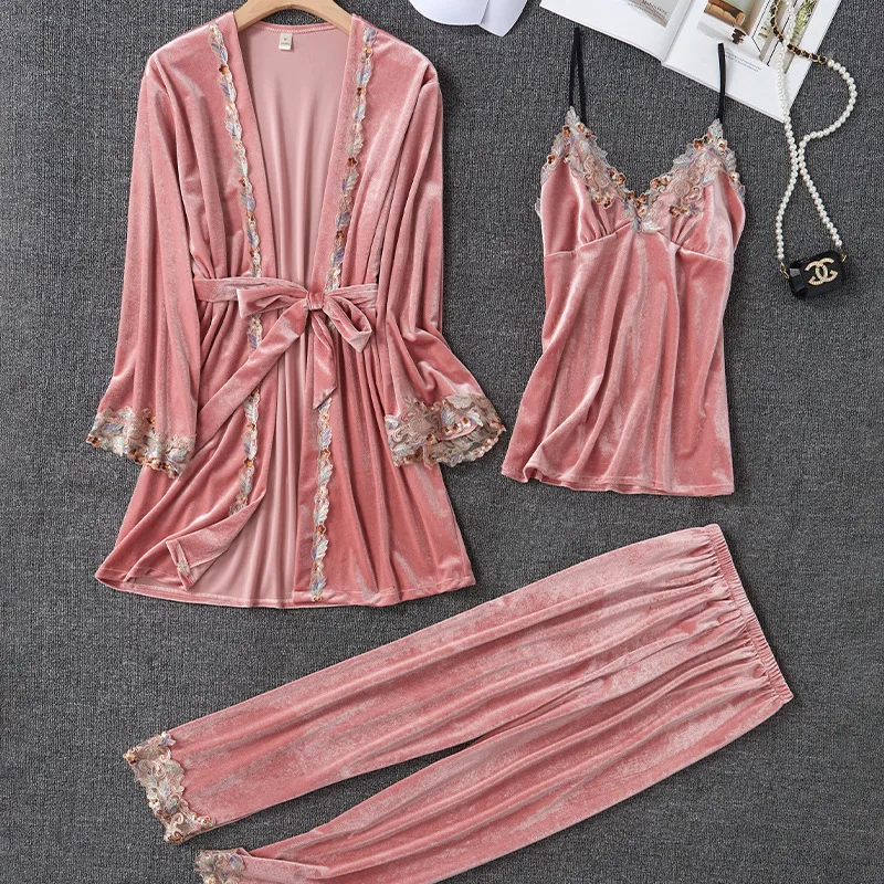 New Velour Pajama Suit Women 3PCS Robe Nightgown Set Sleepwear Lady Winter Velvet Warm Lace Folwer Kimono Bathrobe Gown 2025 - Image 2