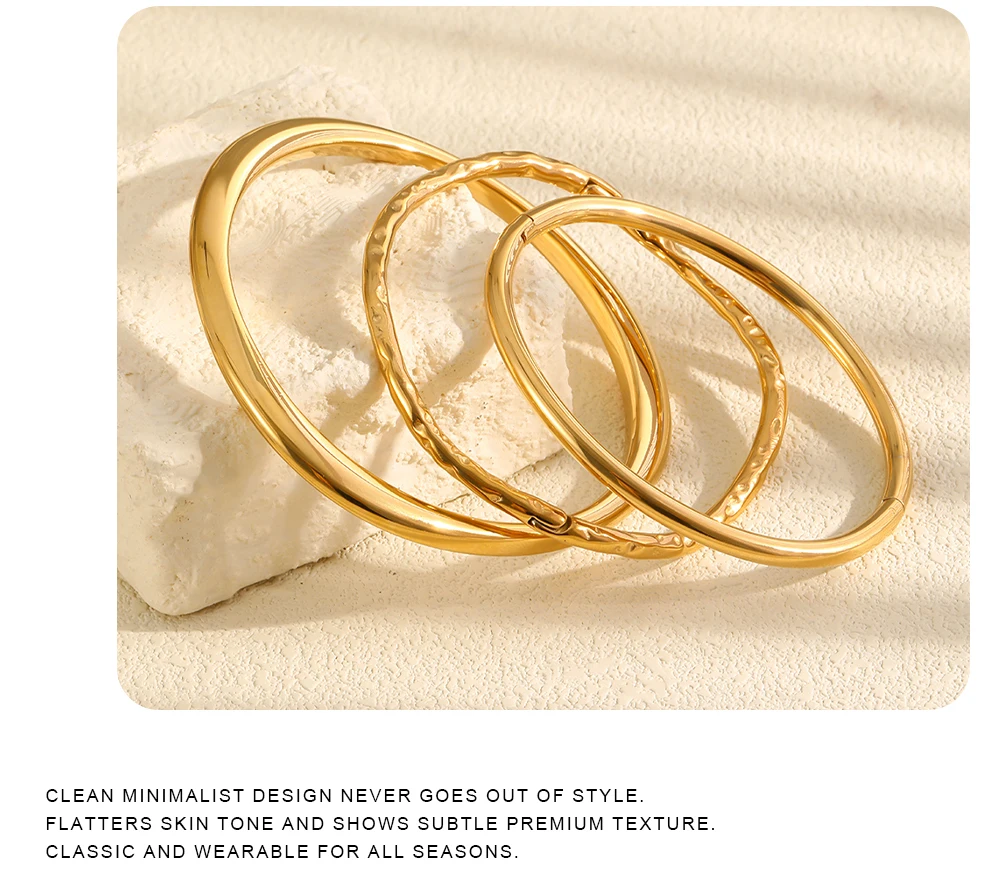 MamacitaSlay 316L Stainless Steel Stackable Hammered Textured Thin Smooth Bracelet 18K Gold Plated Waterproof Women Jewelry Gift