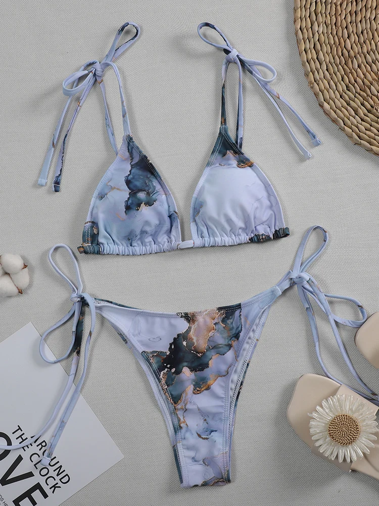 

Женский купальник-бикини из микро-стрингов с мраморным принтом, 2026, комплект из двух частей, с завязками по бокам