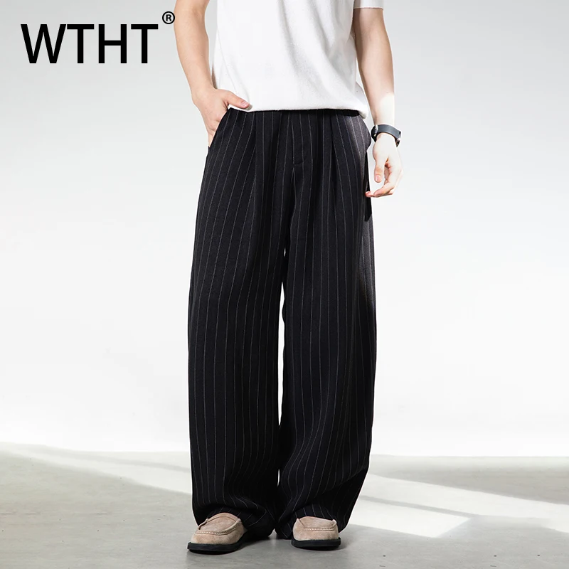 WTHT Fashion Men's Striped Pleated Straight Loose Blazer Pants Vintage 2026 Spring Korean-style Wide Leg Trousers Male 2A2704