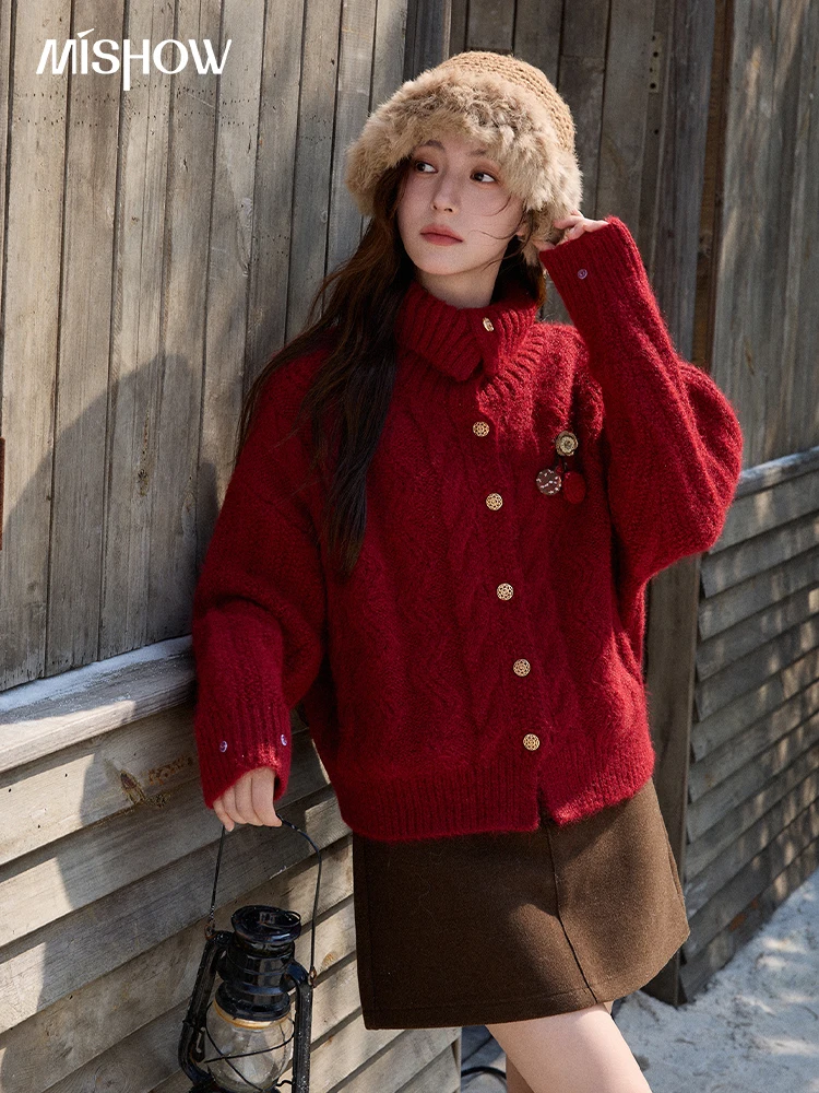 

Женский красный вязаный кардиган MISHOW, осенне-зимний, крупной вязки, с воротником-стойкой, однобортный, теплый, свободный, верхняя одежда MXE92Z2827