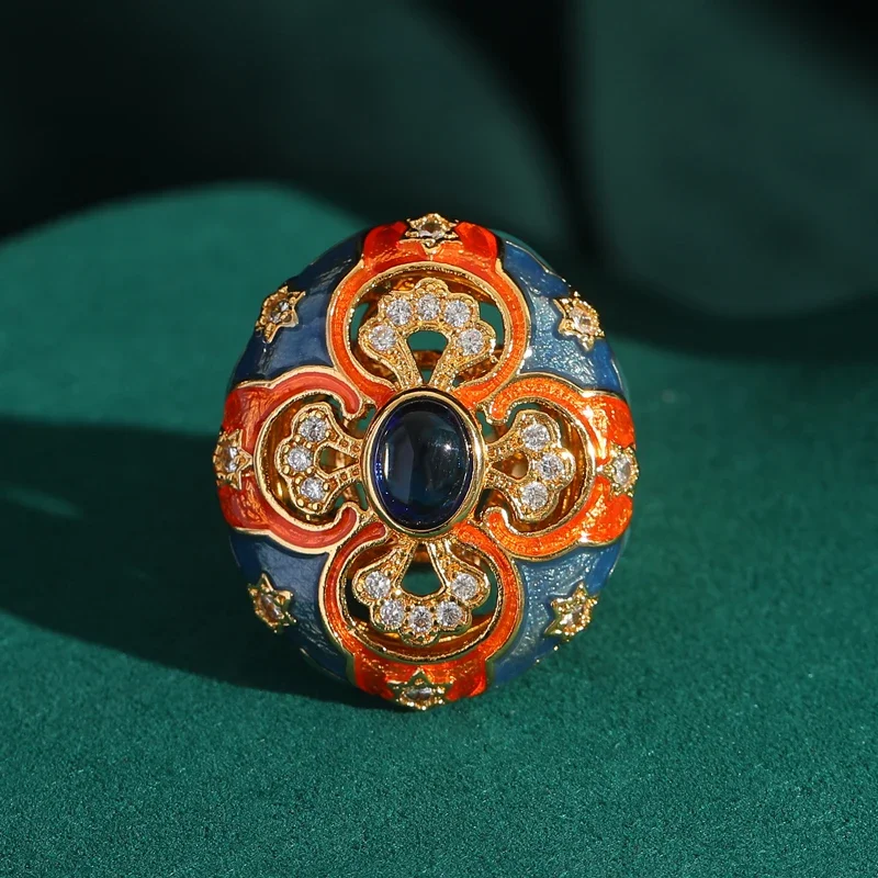 

Vintage Enamel Ring Luxury Designer Brand Rhinestones Flowers Carving Gold Color Wedding Colorful Retro French Palace Jewelry