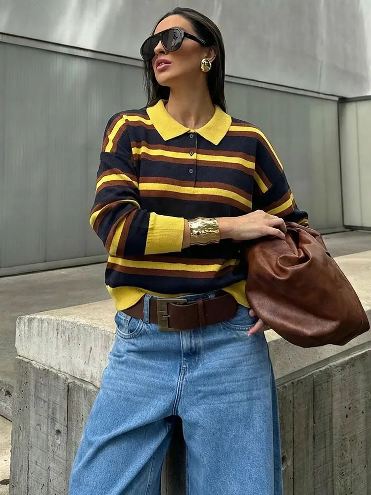HH, suéter de punto a rayas informal de tendencia para mujer, suéter de manga larga con solapa, camisa, moda de primavera, Tops elegantes de calle alta para mujer