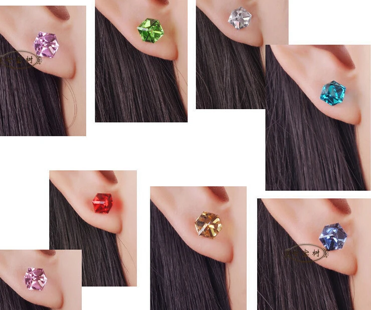 VIVILADY 24pairs/lot Fashion Crystal Stud Earrings Women Clear Red Blue Black Green CZ Cube Stone Jewelry Gift Wholesales Price