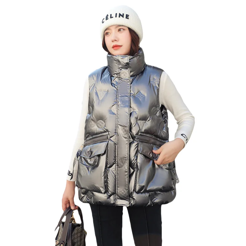 

Glossy Winter Lady's Cotton Vest Embossed Stand Collar Big Pockets Zipper Fly Female's Padded Coat Slouchy-Style Women's Jacket